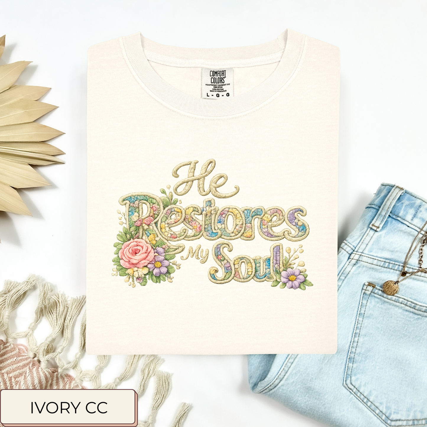 Floral Crochet He Restores My Soul Tee.