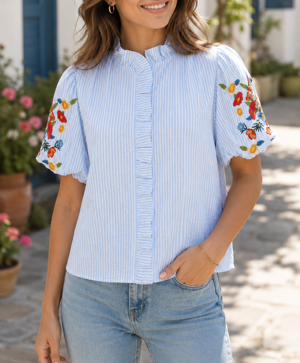 Blue Stripe Floral Embroidered Shirt