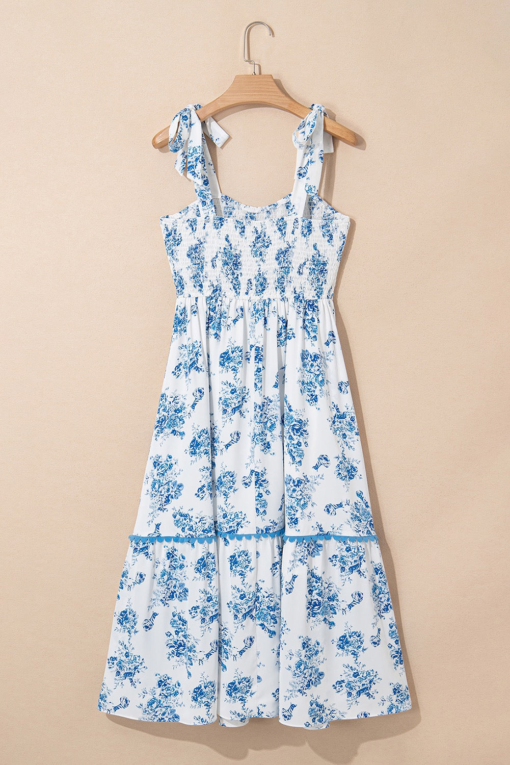 Blue Floral Print Shirred Long Dress LT