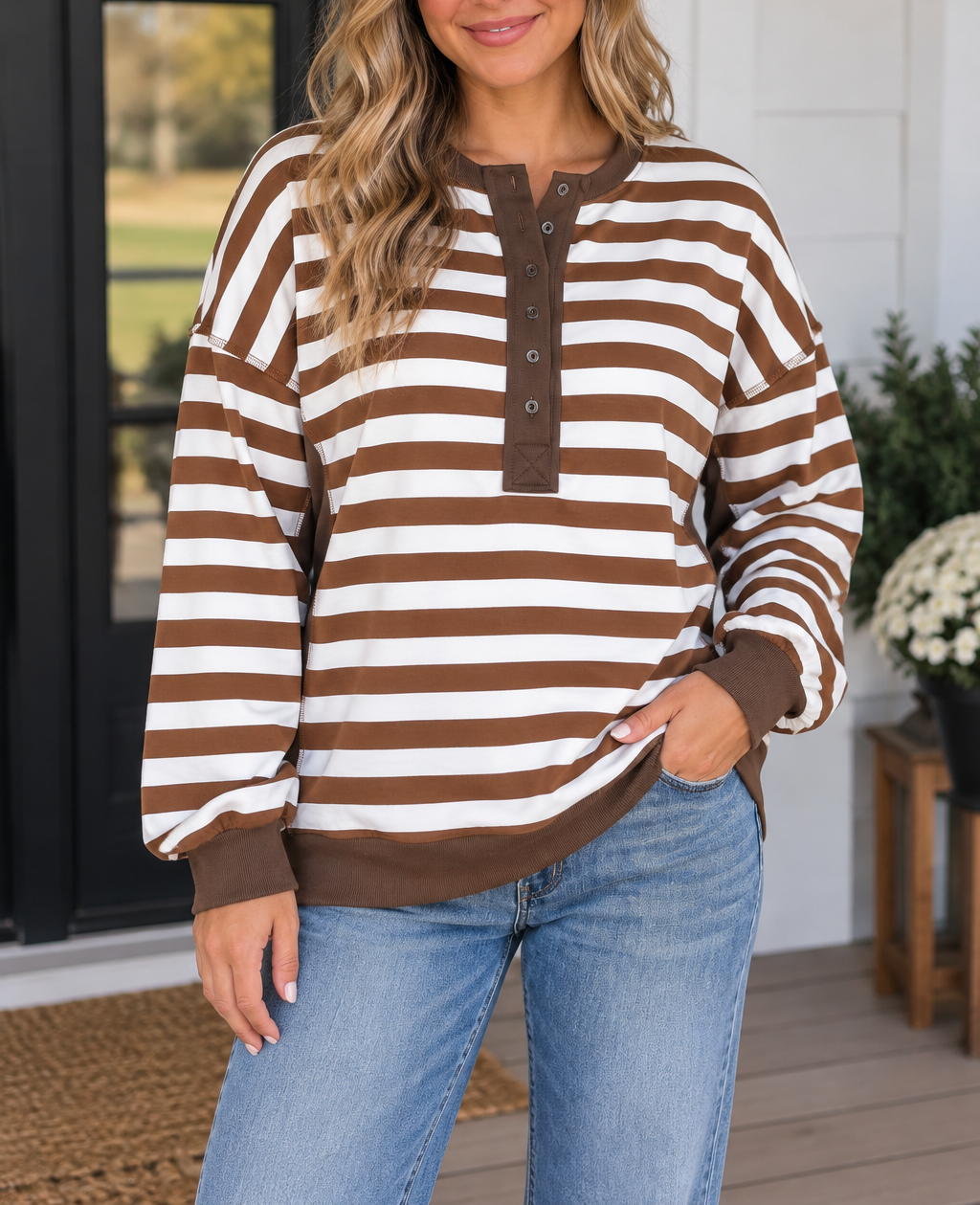 Khaki Stripe V Neck Plus Sweatshirt