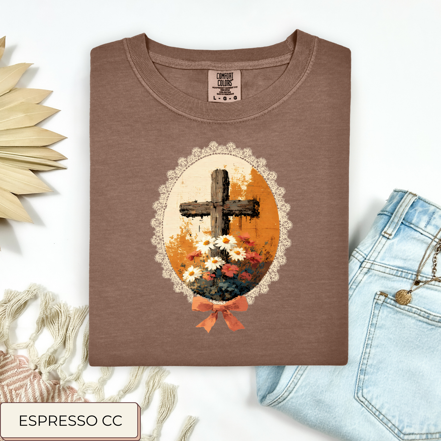 Vintage Floral Cross With Bow Tee.