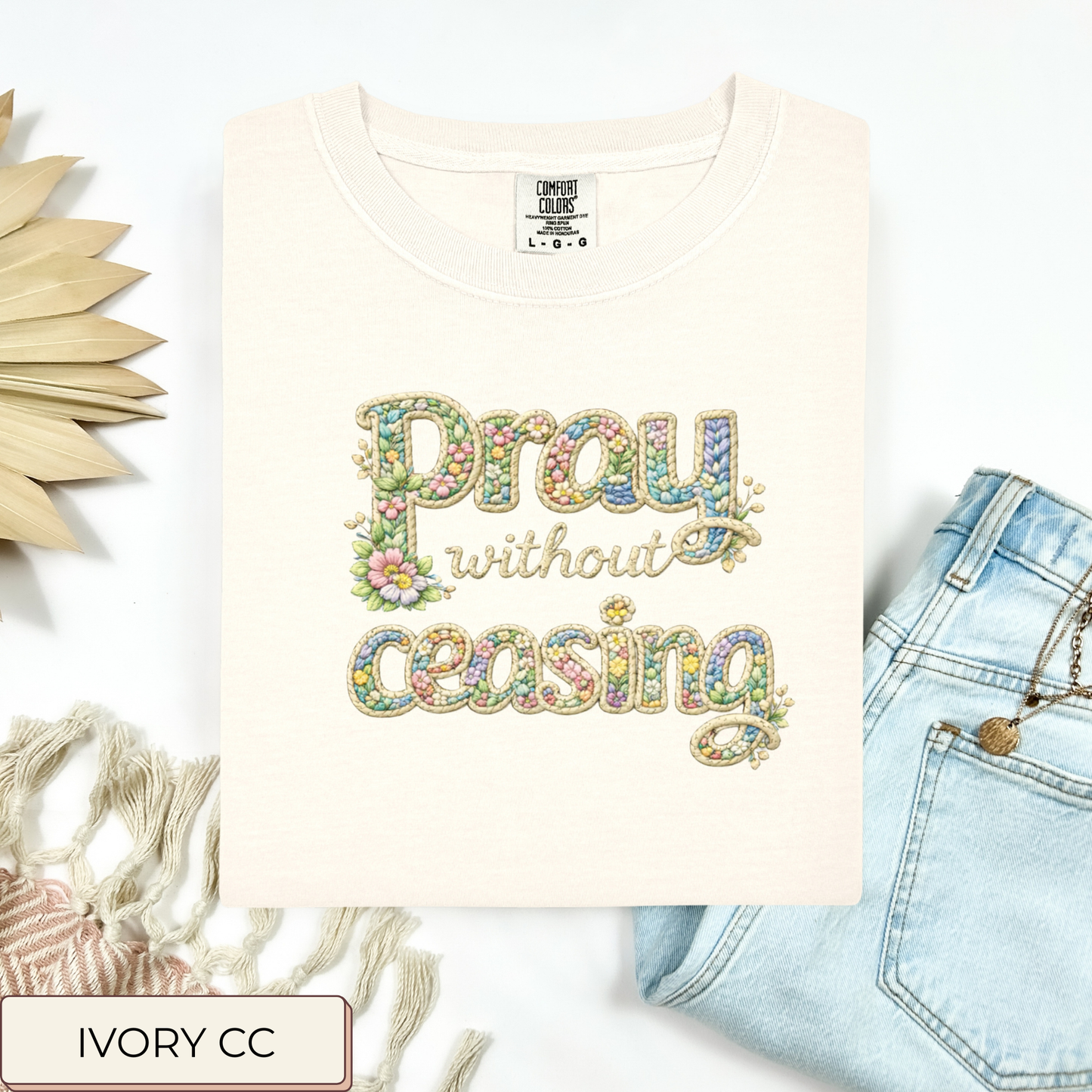 Floral Crochet Pray Without Ceasing Tee.