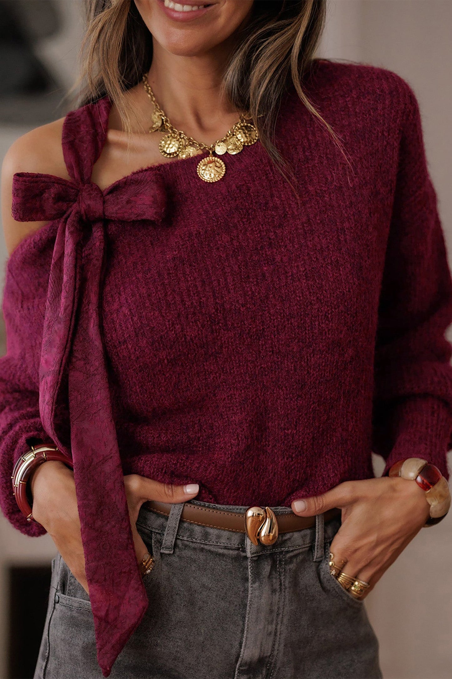 Burgundy Lace Bowknot Sweater LT