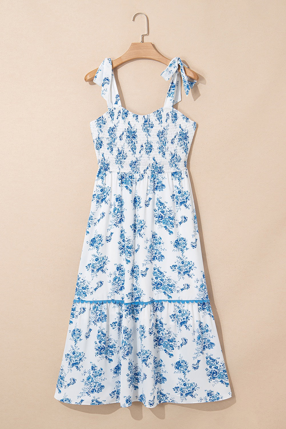 Blue Floral Print Shirred Long Dress LT